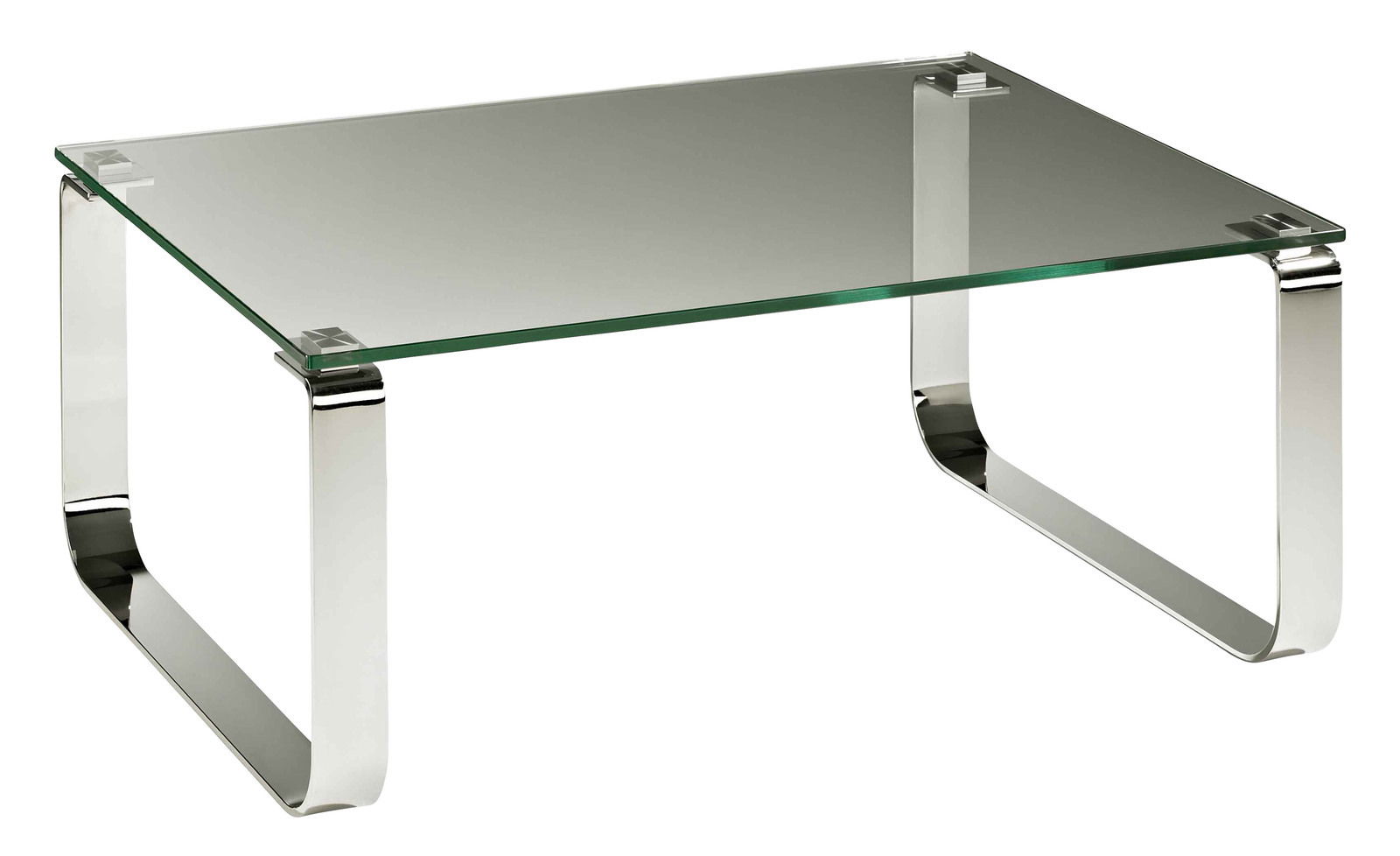 Moderner Couchtisch mit Glasplatte und gebogenen Metallbeinen, seitliche Perspektive