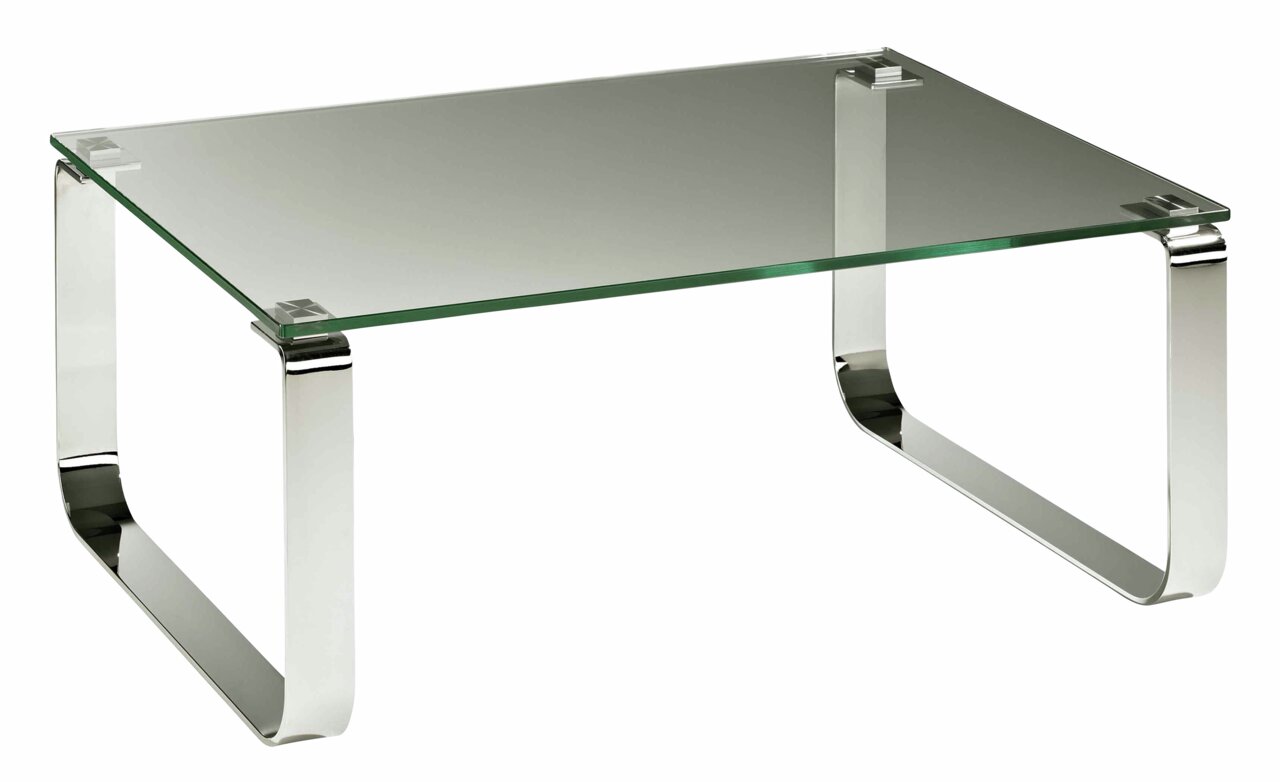 Moderner Couchtisch mit Glasplatte und gebogenen Metallbeinen, seitliche Perspektive