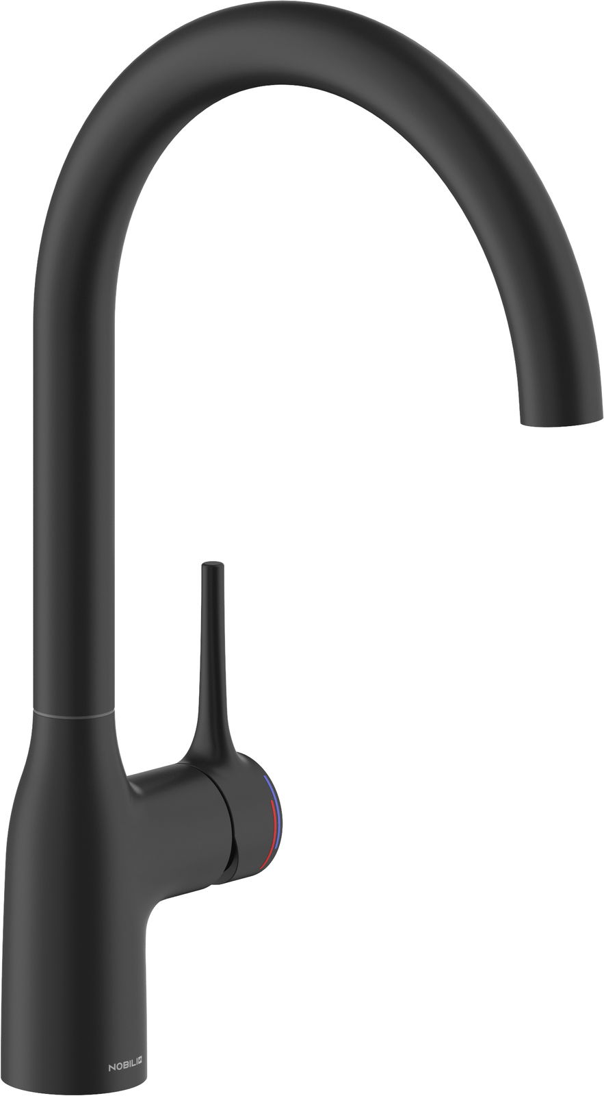 Novel Einhebelmischer Schwarzer Einhebelmischer mit gebogenem Auslauf, seitlicher Hebel, seitliche Perspektive