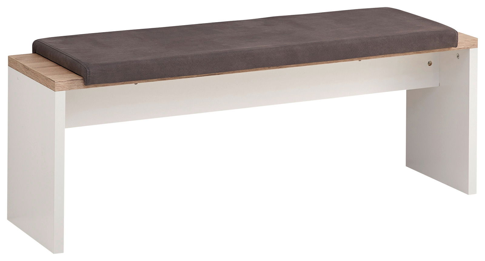 Moderne Bank mit weißem Gestell und braunem Sitzpolster, seitliche Perspektive