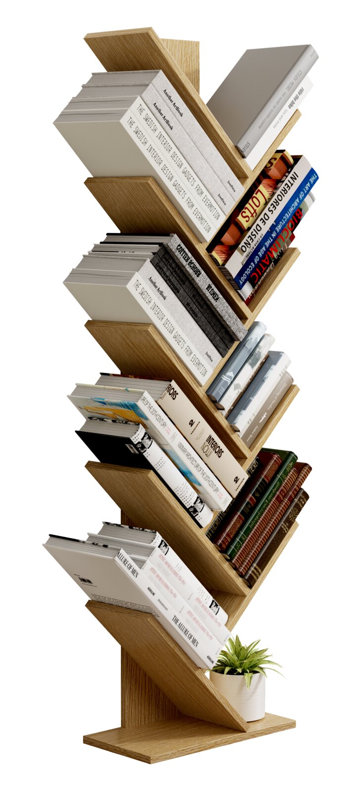Schlankes, modernes Bücherregal aus Holz im Baumdesign mit schrägen Ablagen, voll mit Büchern und kleinem Topfplant, freigestellt vor weißem Hintergrund, Perspektive: leicht schräg von vorn