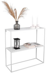 Weiße Regal-Konsole mit zwei Ebenen, dekoriert mit einer Vase mit getrockneten Gräsern, zwei Kerzenhaltern und einer Sanduhr, seitliche Perspektive
