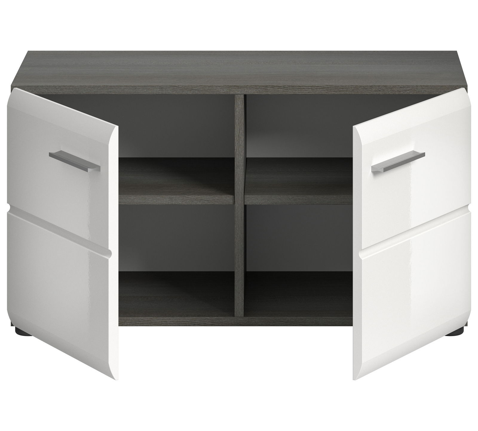 Sitzbank mit zwei offenen Türen, vier Fächern und einer grauen Holzoberfläche, frontal betrachtet.