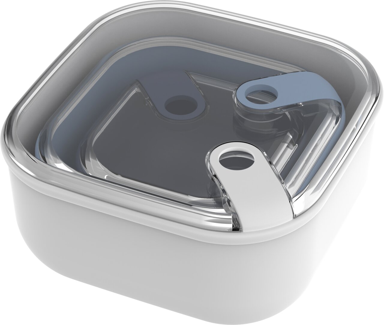 Frischhaltedose aus der Vogelperspektive mit transparentem Deckel und Verschlussmechanismus