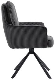 Seitenansicht eines modernen Sessels mit geripptem, grauem Stoffbezug und schwarzem Metallgestell.