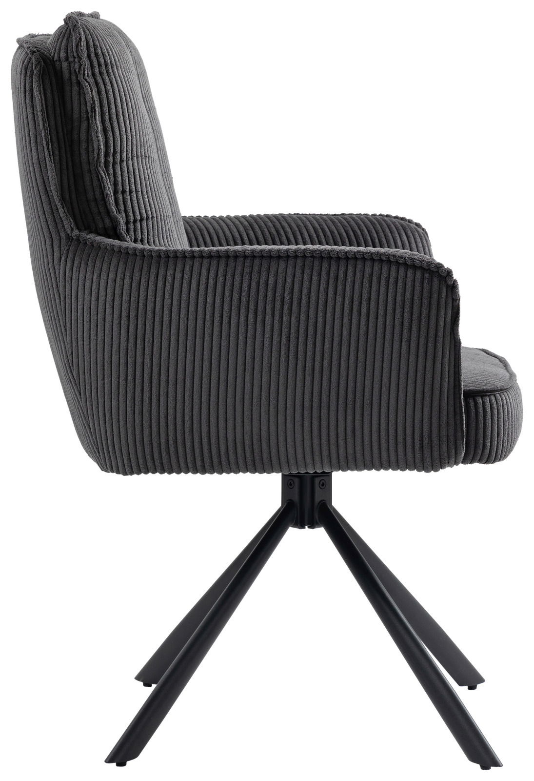 Seitenansicht eines modernen Sessels mit geripptem, grauem Stoffbezug und schwarzem Metallgestell.