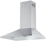 Silberne Dunstabzugshaube in Frontalansicht mit modernem Design und Bedienelementen an der Vorderseite