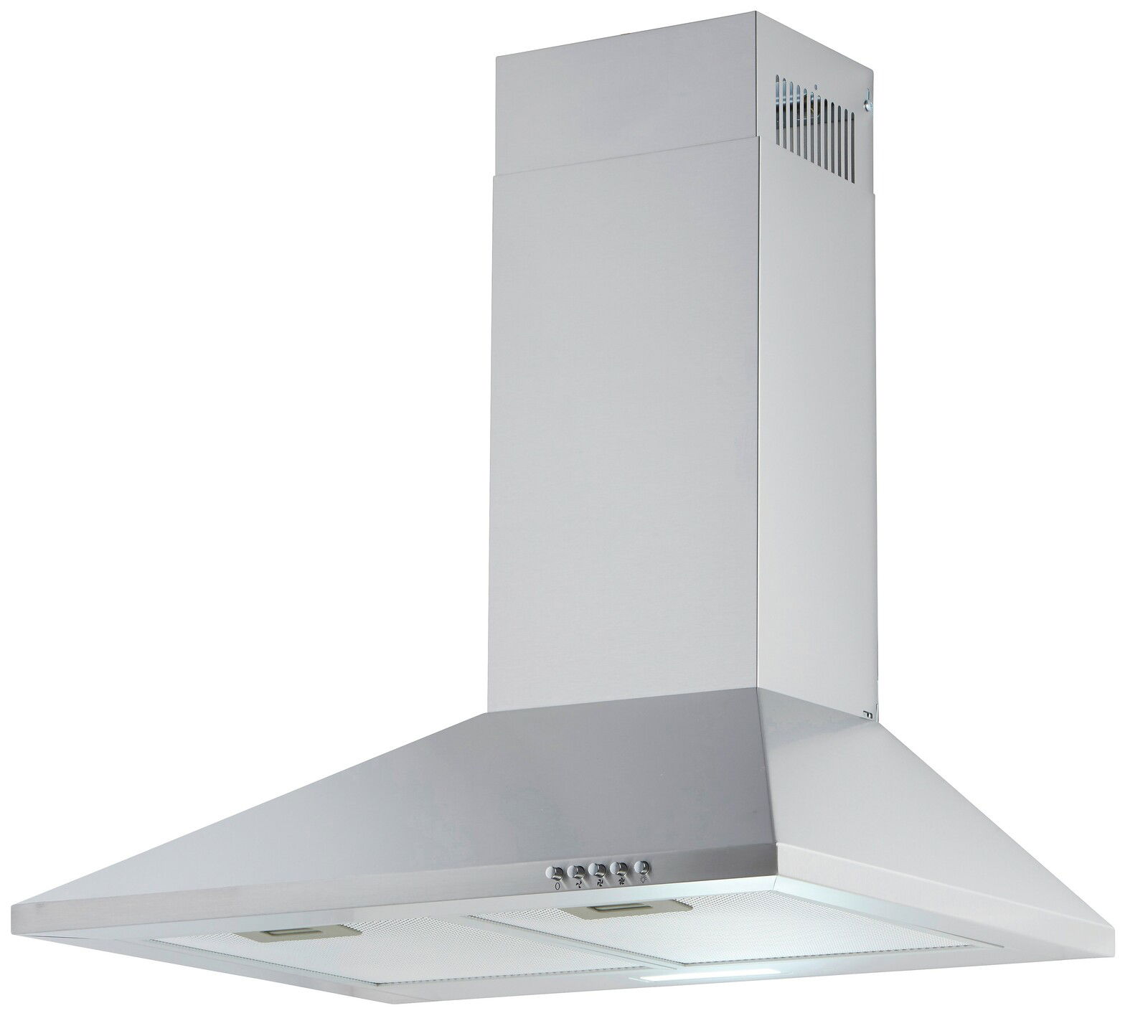 Silberne Dunstabzugshaube in Frontalansicht mit modernem Design und Bedienelementen an der Vorderseite