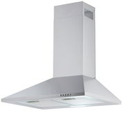 Silberne Dunstabzugshaube in Frontalansicht mit modernem Design und Bedienelementen an der Vorderseite