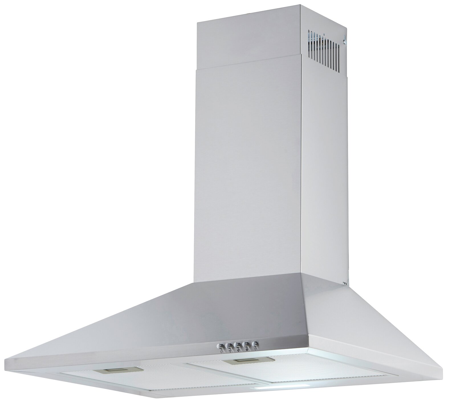 Silberne Dunstabzugshaube in Frontalansicht mit modernem Design und Bedienelementen an der Vorderseite