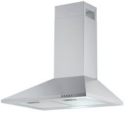 Silberne Dunstabzugshaube in Frontalansicht mit modernem Design und Bedienelementen an der Vorderseite