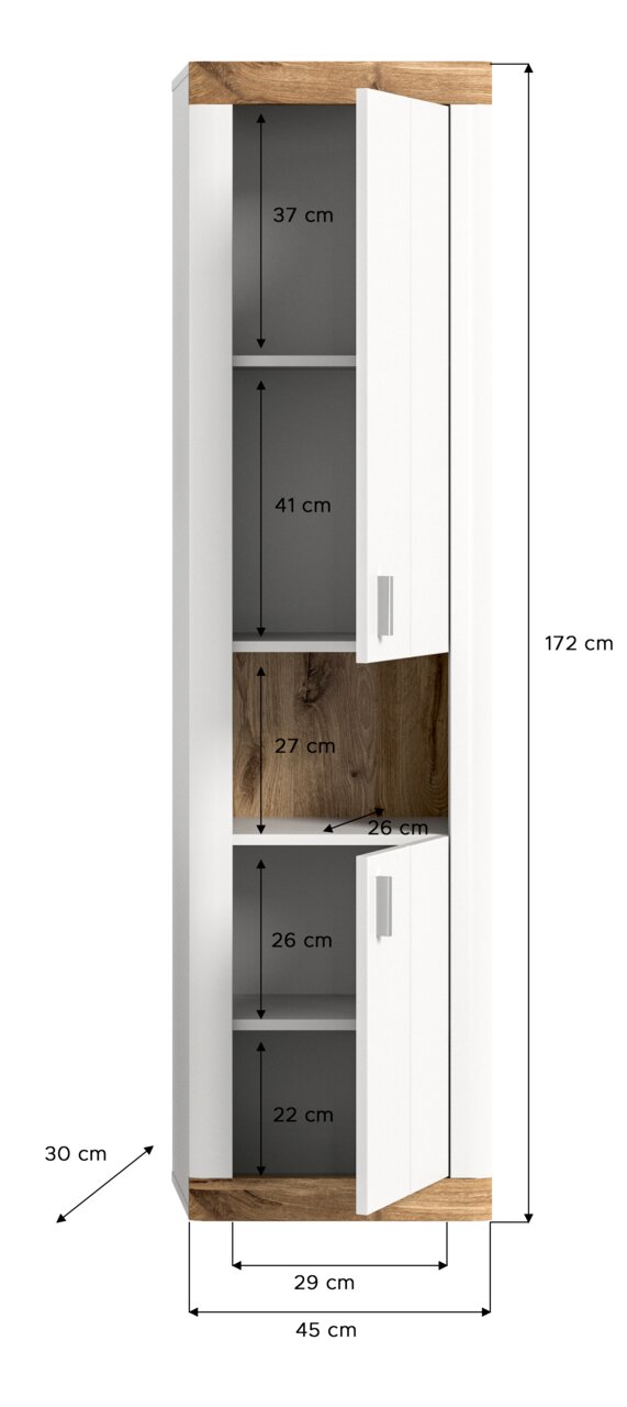 Hängeschrank mit drei Fächern, weiß mit Holzdetails, Frontansicht