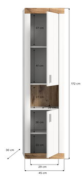 Hängeschrank mit drei Fächern, weiß mit Holzdetails, Frontansicht