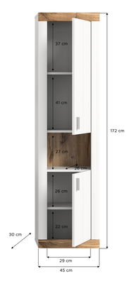 Hängeschrank mit drei Fächern, weiß mit Holzdetails, Frontansicht