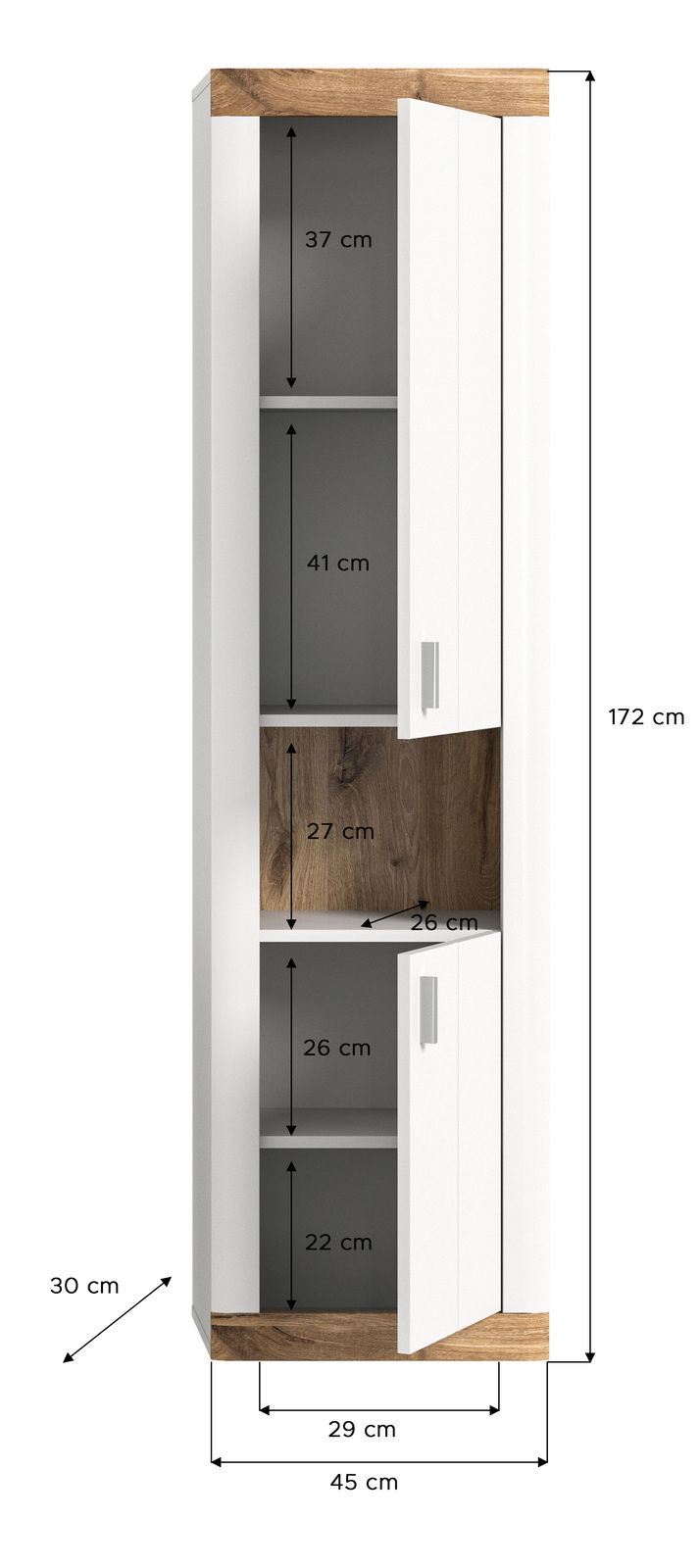 Hängeschrank mit drei Fächern, weiß mit Holzdetails, Frontansicht