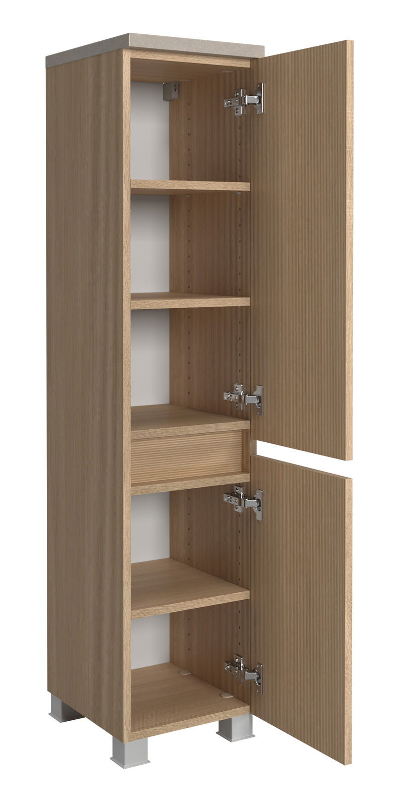 Midischrank 30 cm aus Holz mit geöffneter Tür, zeigt mehrere Regalböden, perspektivisch von vorne rechts