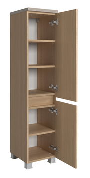 Midischrank 30 cm aus Holz mit geöffneter Tür, zeigt mehrere Regalböden, perspektivisch von vorne rechts