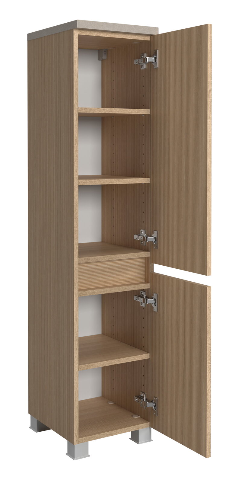 Midischrank 30 cm aus Holz mit geöffneter Tür, zeigt mehrere Regalböden, perspektivisch von vorne rechts