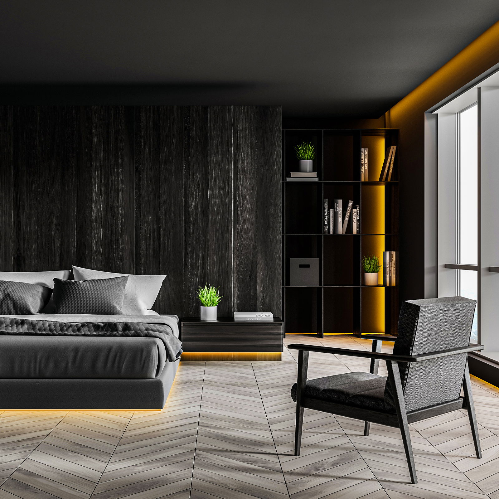 Modernes Schlafzimmer mit USB RGB-LED Flexband, das warmes Licht unter dem Bett und Regal erzeugt, seitliche Perspektive.