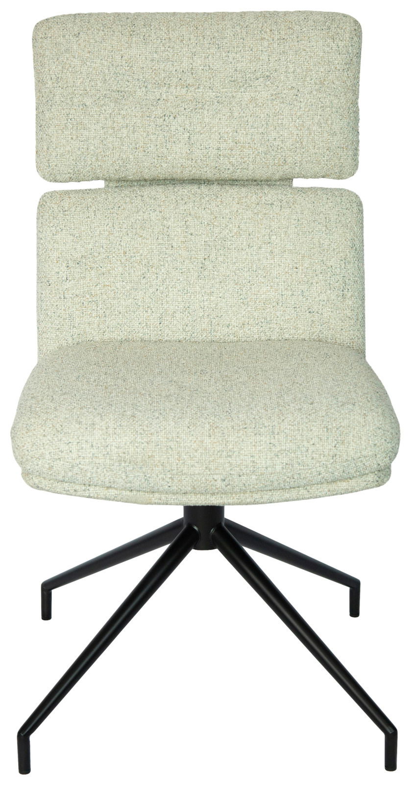 Moderner Stuhl mit hellgrauem Stoffbezug und schwarzem Metallgestell, Frontalansicht