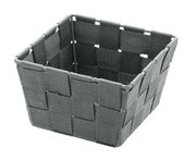 Quadratischer, grauer Badkorb Adria Mini aus geflochtenem Material, schräg von oben fotografiert.
