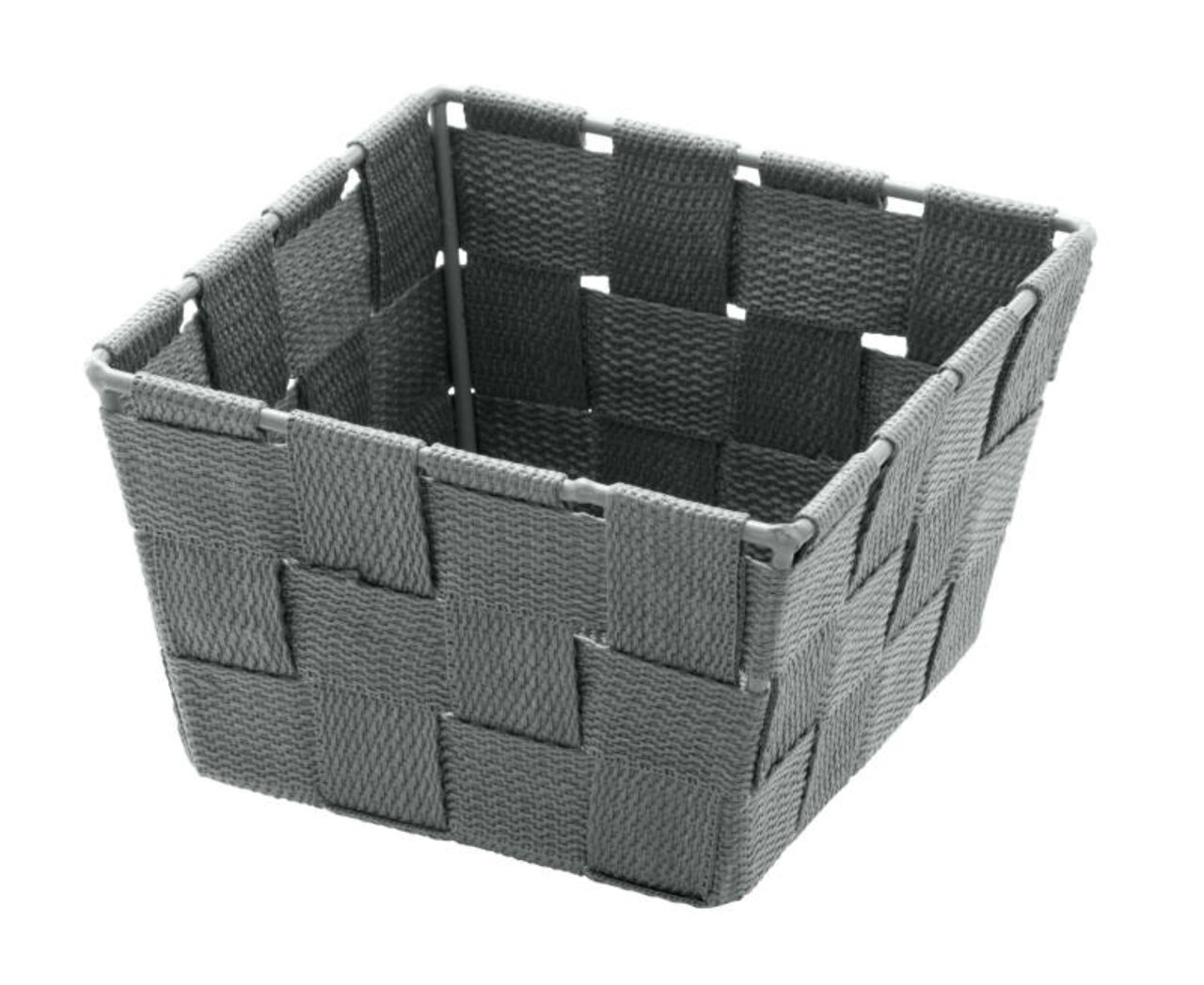 Quadratischer, grauer Badkorb Adria Mini aus geflochtenem Material, schräg von oben fotografiert.