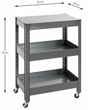Grauer Servierwagen mit drei Ebenen und Rollen, seitliche Perspektive, Maße 50 cm x 32 cm x 75 cm