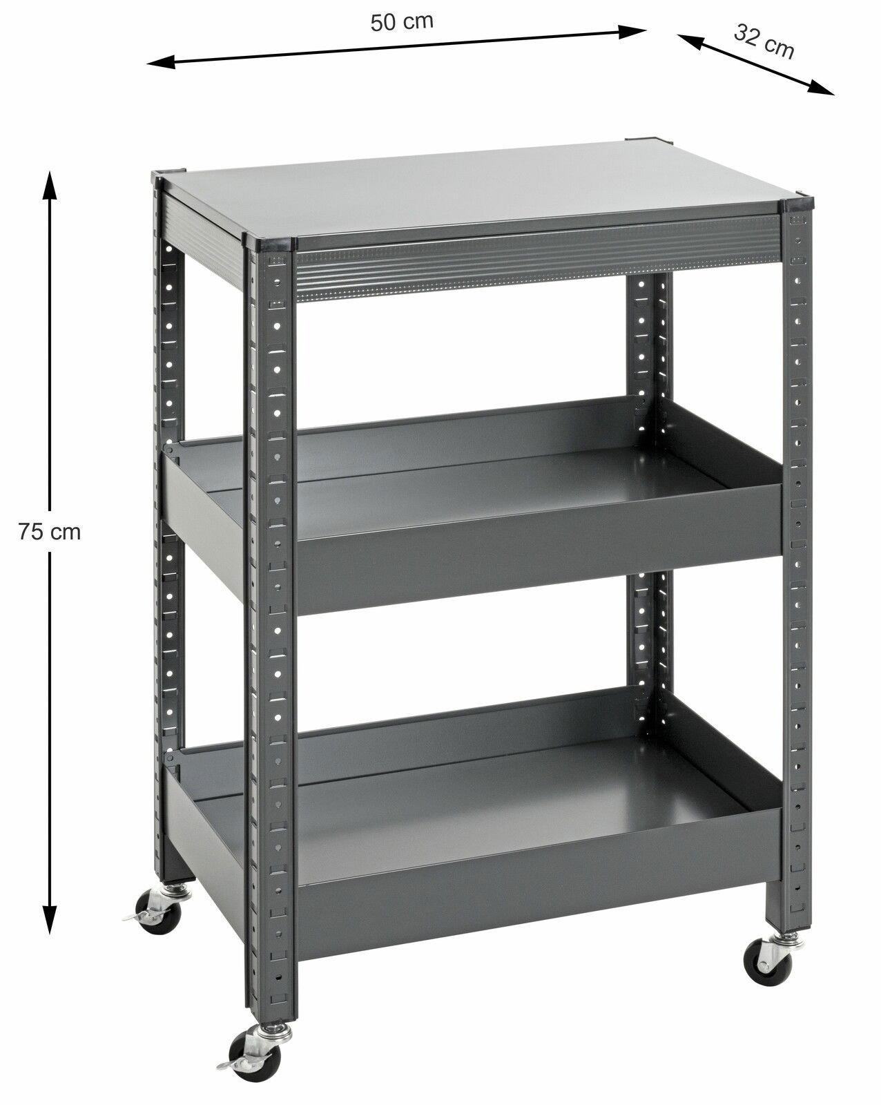 Grauer Servierwagen mit drei Ebenen und Rollen, seitliche Perspektive, Maße 50 cm x 32 cm x 75 cm