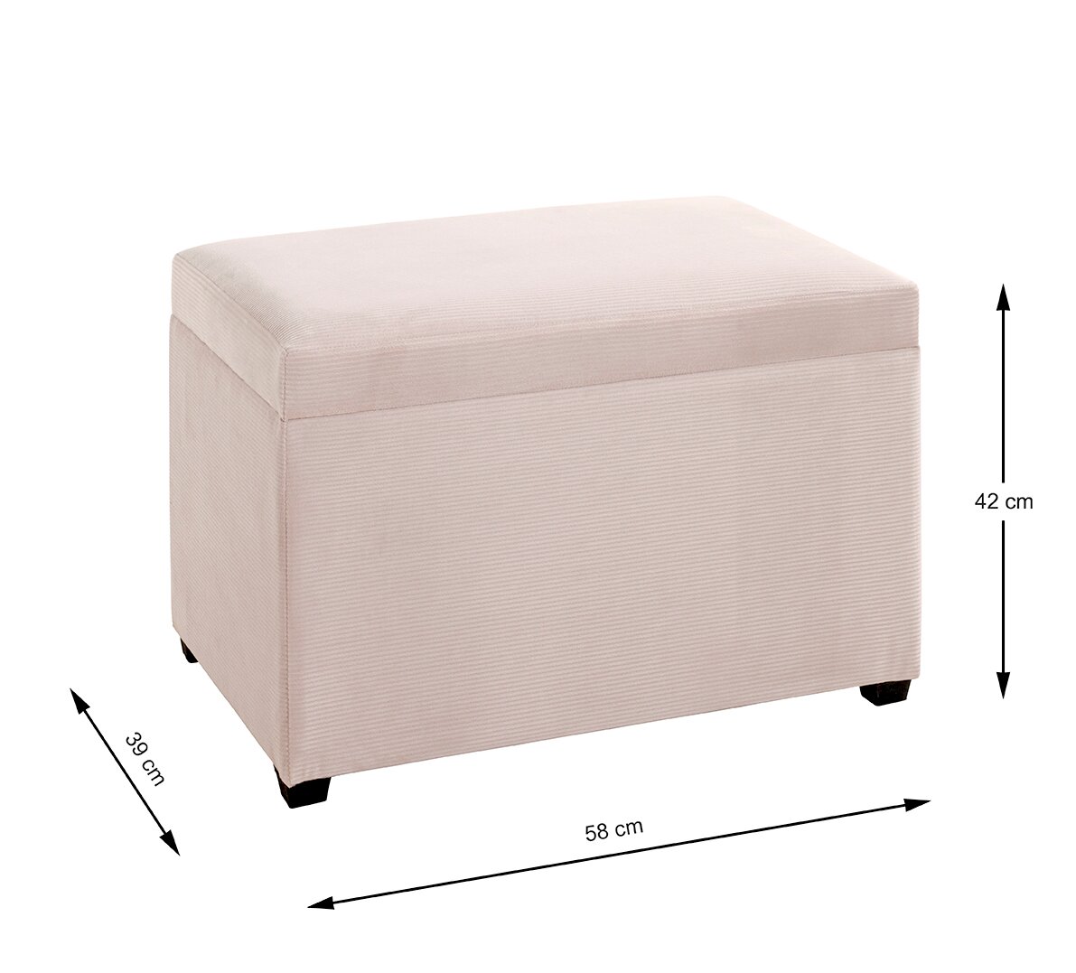 Beige gepolsterte Sitztruhe/Sitzhocker mit Deckel und schwarzen Füßen, Maße ca. 58 x 39 x 42 cm, gezeigt in schräger Frontansicht vor weißem Hintergrund