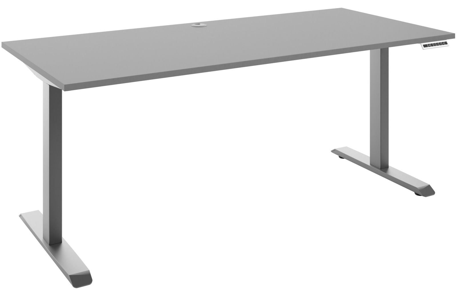 Manjana E-Schreibtisch 2-motorig OHIO Moderner E-Schreibtisch in Grau mit rechteckiger Tischplatte und höhenverstellbaren T-Füßen, seitliche Perspektive