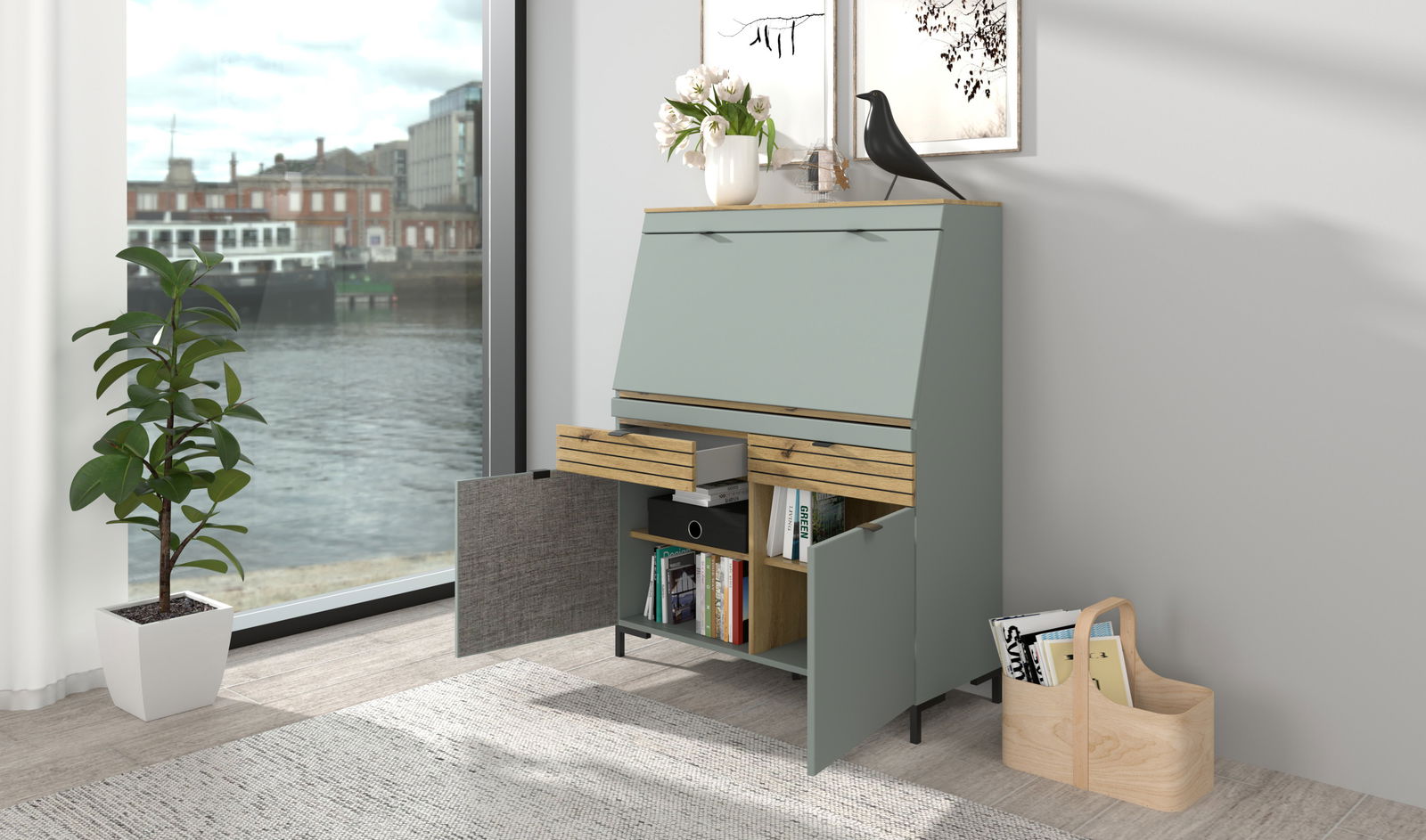 Moderner Sekretär in einem hellen Raum mit Blick auf das Wasser, offene Schubladen und Türen, dekoriert mit einer Vase und einer Skulptur.