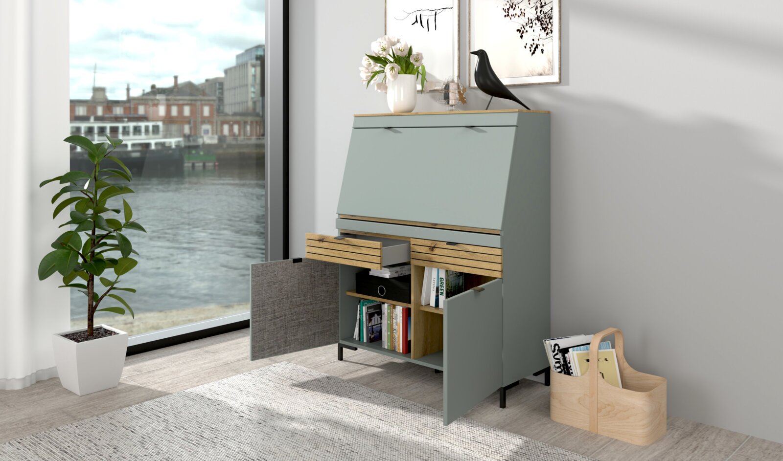 Een modern secretaire in een lichte ruimte met uitzicht op het water, met open lades en deuren, versierd met een vaas en een beeldje.