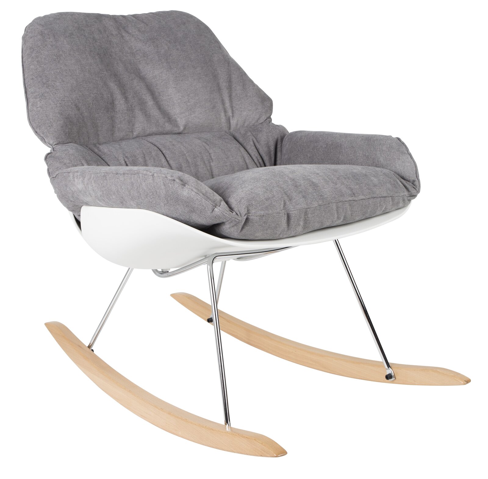 Grauer Schaukelsessel mit gepolstertem Sitz und Rückenlehne, seitliche Perspektive