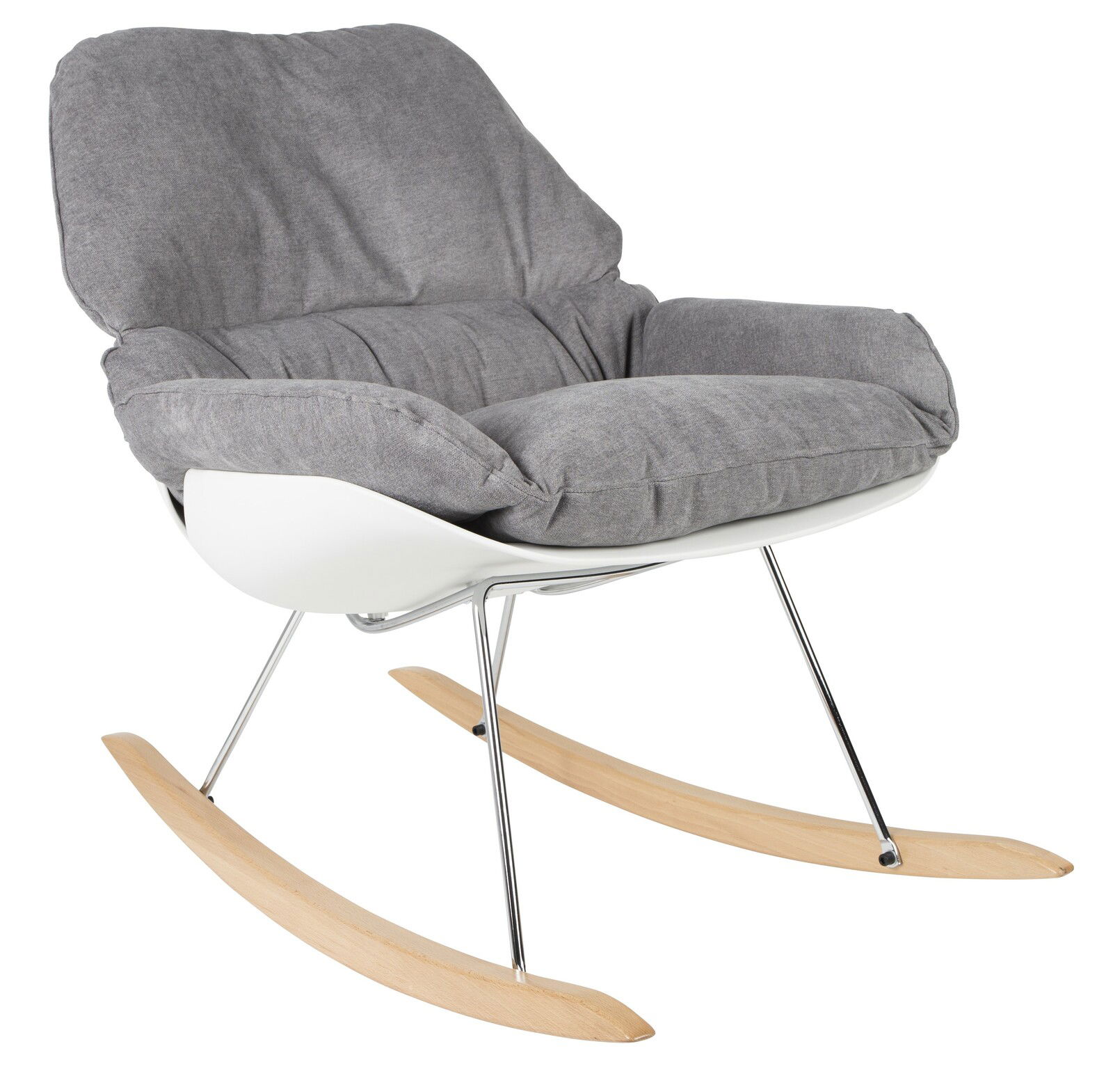 Grauer Schaukelsessel mit gepolstertem Sitz und Rückenlehne, seitliche Perspektive