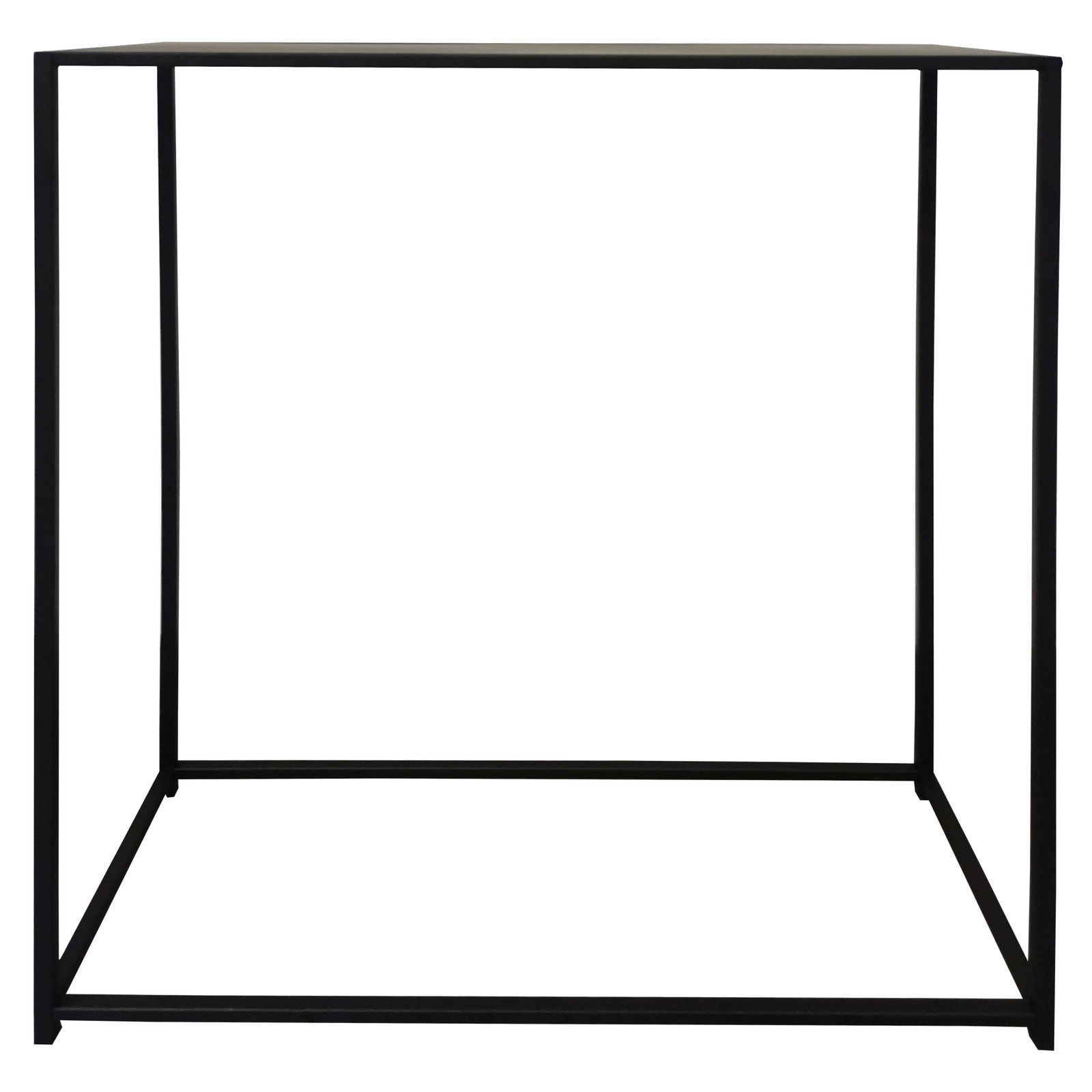 Moderner schwarzer Konsolentisch aus Metall, frontal betrachtet.