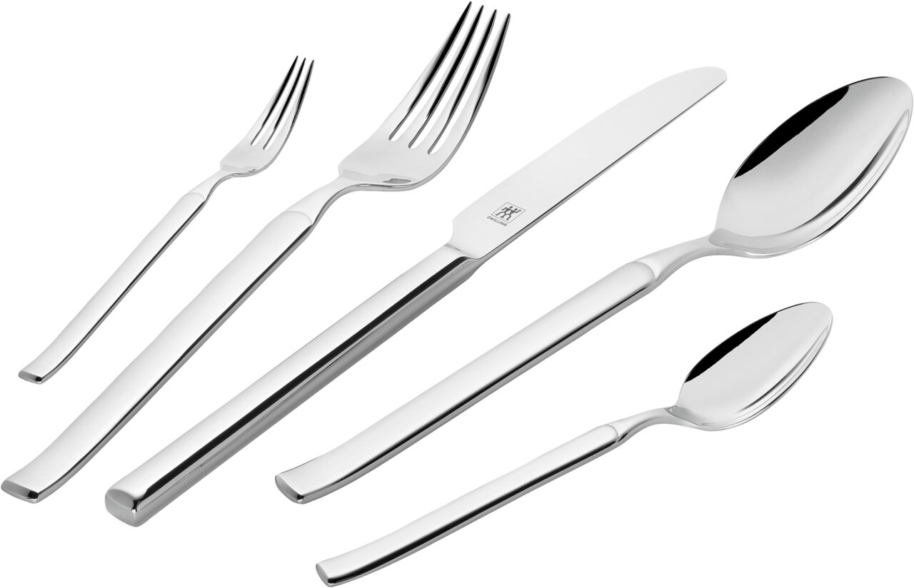 Elegantes Besteckset Redondo aus Edelstahl, bestehend aus Gabel, Messer, Löffel, Dessertgabel und Teelöffel, in seitlicher Perspektive.