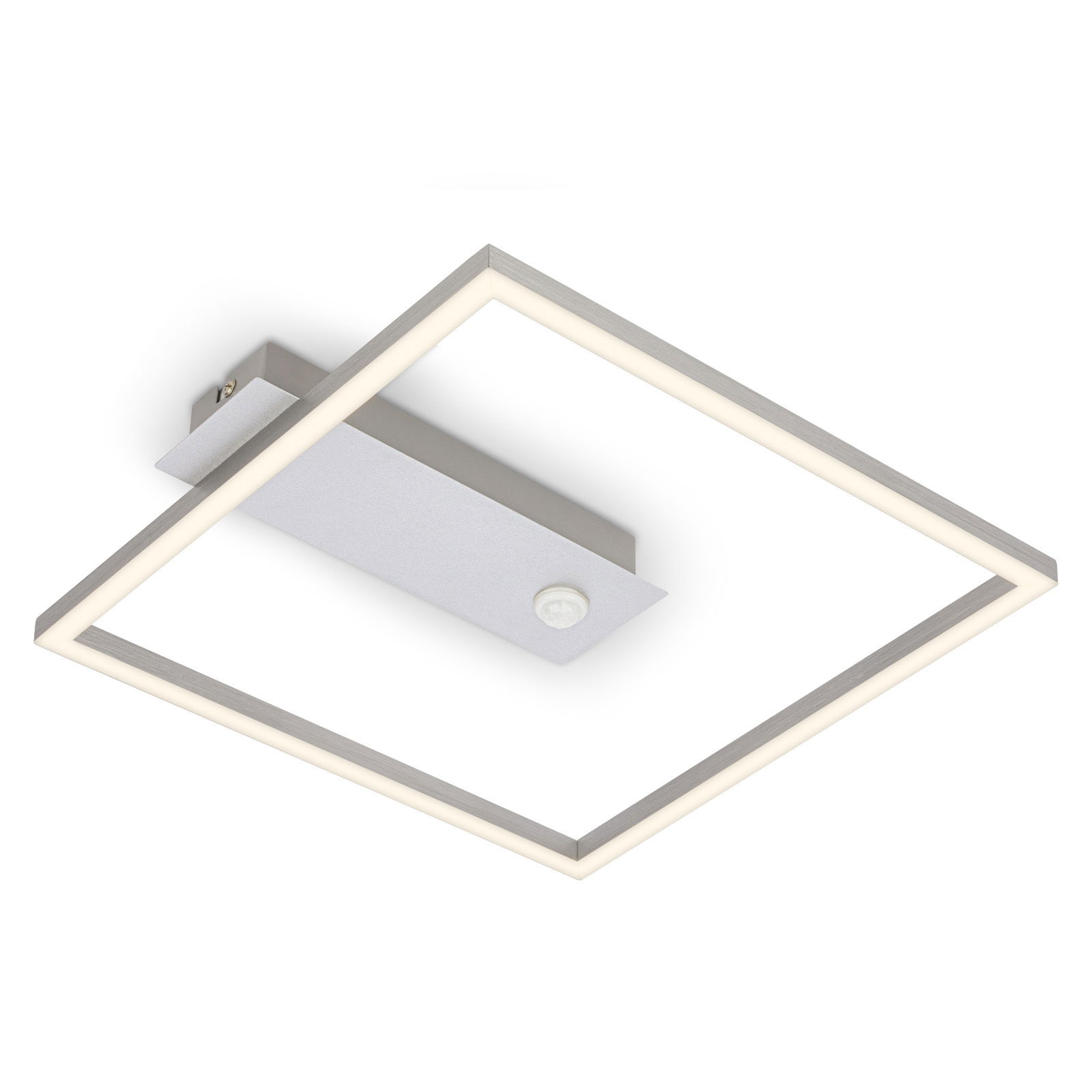 Moderne quadratische LED-Deckenleuchte mit Sensor, Aluminium, seitliche Perspektive