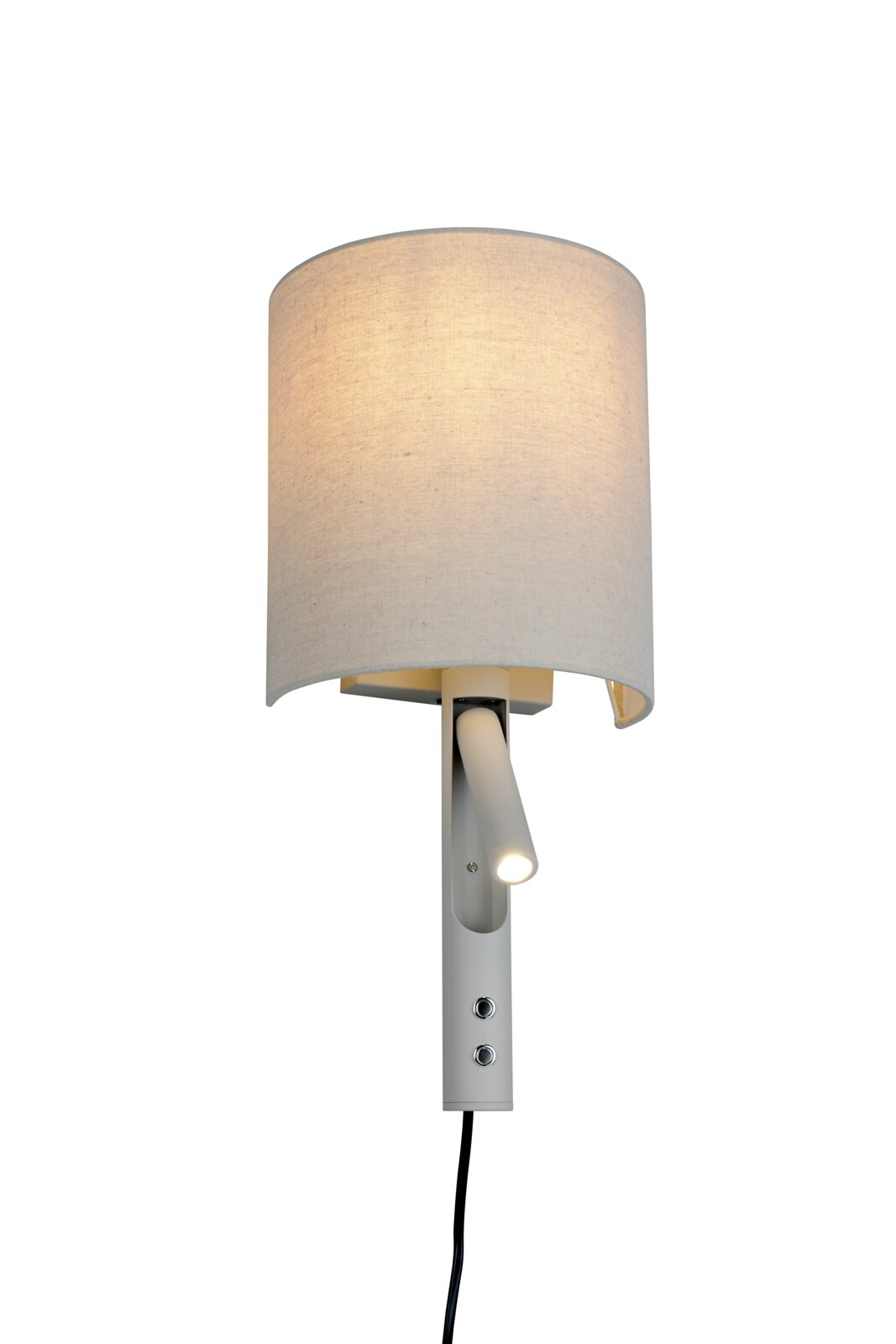 Wandlampe in Weiß mit zylindrischem Stoffschirm und integriertem, schwenkbarem LED-Leselicht, frontale Ansicht vor weißem Hintergrund