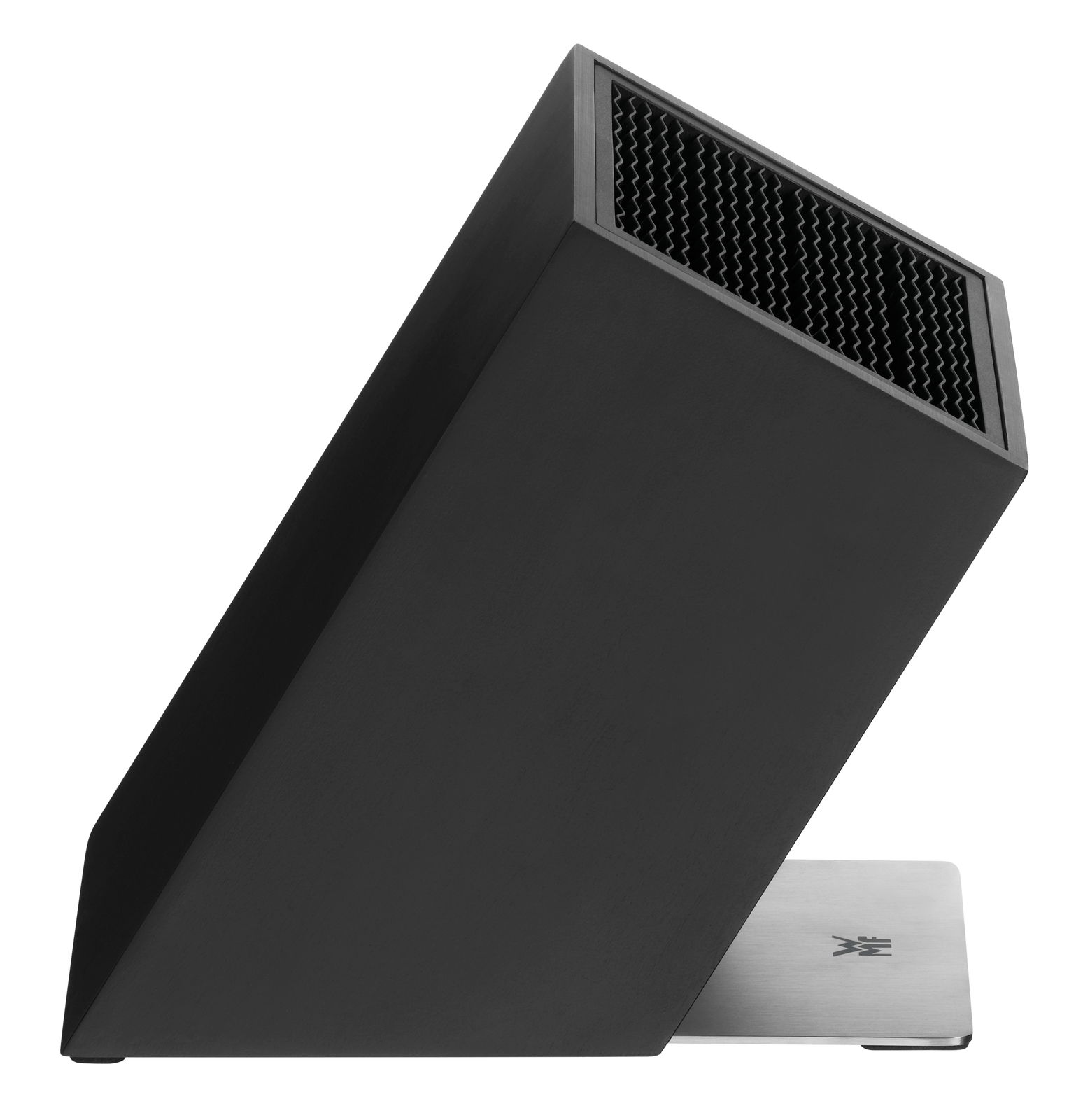 Schwarzer Messerblock unbestückt, seitliche Perspektive, mit Edelstahlfuß