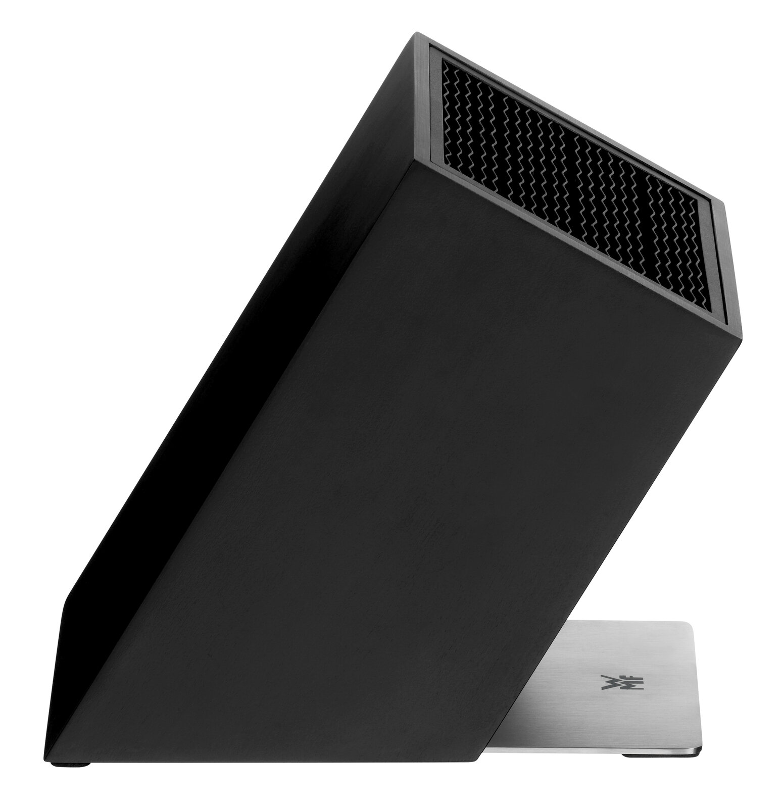 Schwarzer Messerblock unbestückt, seitliche Perspektive, mit Edelstahlfuß