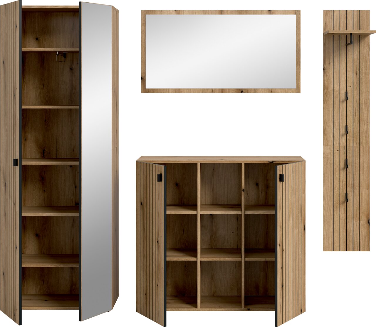 Badmöbel-Set aus Holzoptik mit Hochschrank und Unterschrank, beide Türen geöffnet, darüber rechteckiger Spiegel mit Holzrahmen – Frontansicht