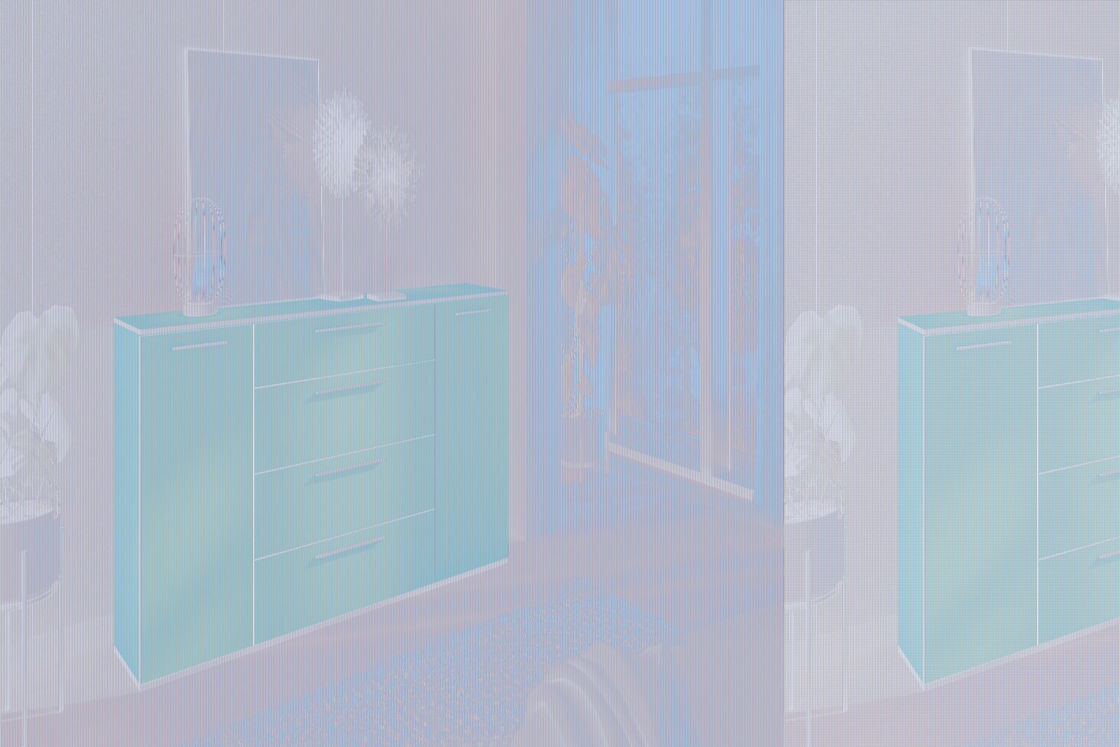 Modernes graues Sideboard mit Schubladen und Türen, dekoriert mit einer Lampe und Pflanzen, in einem hellen Raum mit Blick auf den Garten. Perspektive von vorne links.