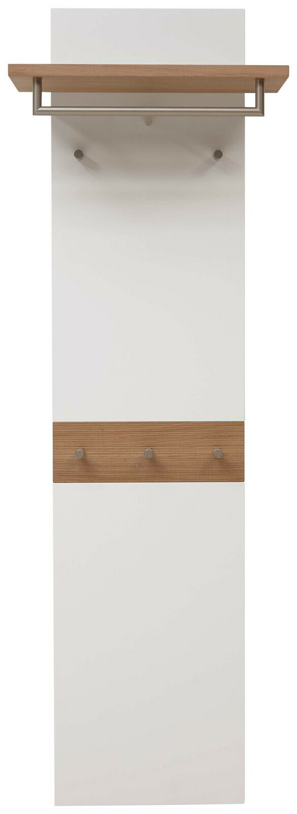 Garderobenpaneel in Weiß mit Holz- und Metallakzenten, frontal betrachtet. Oben befindet sich ein Regalbrett mit Kleiderstange, darunter Haken für Kleidung.