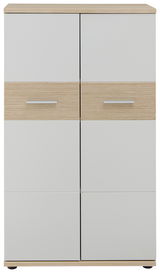 Vorderansicht eines niedrigen Aktenschranks mit vier Türen, zwei in Holzoptik und zwei in Weiß.