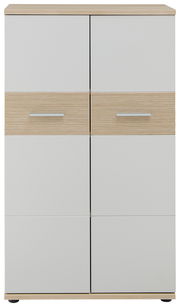 Vorderansicht eines niedrigen Aktenschranks mit vier Türen, zwei in Holzoptik und zwei in Weiß.