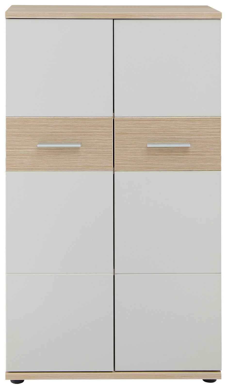 Vorderansicht eines niedrigen Aktenschranks mit vier Türen, zwei in Holzoptik und zwei in Weiß.