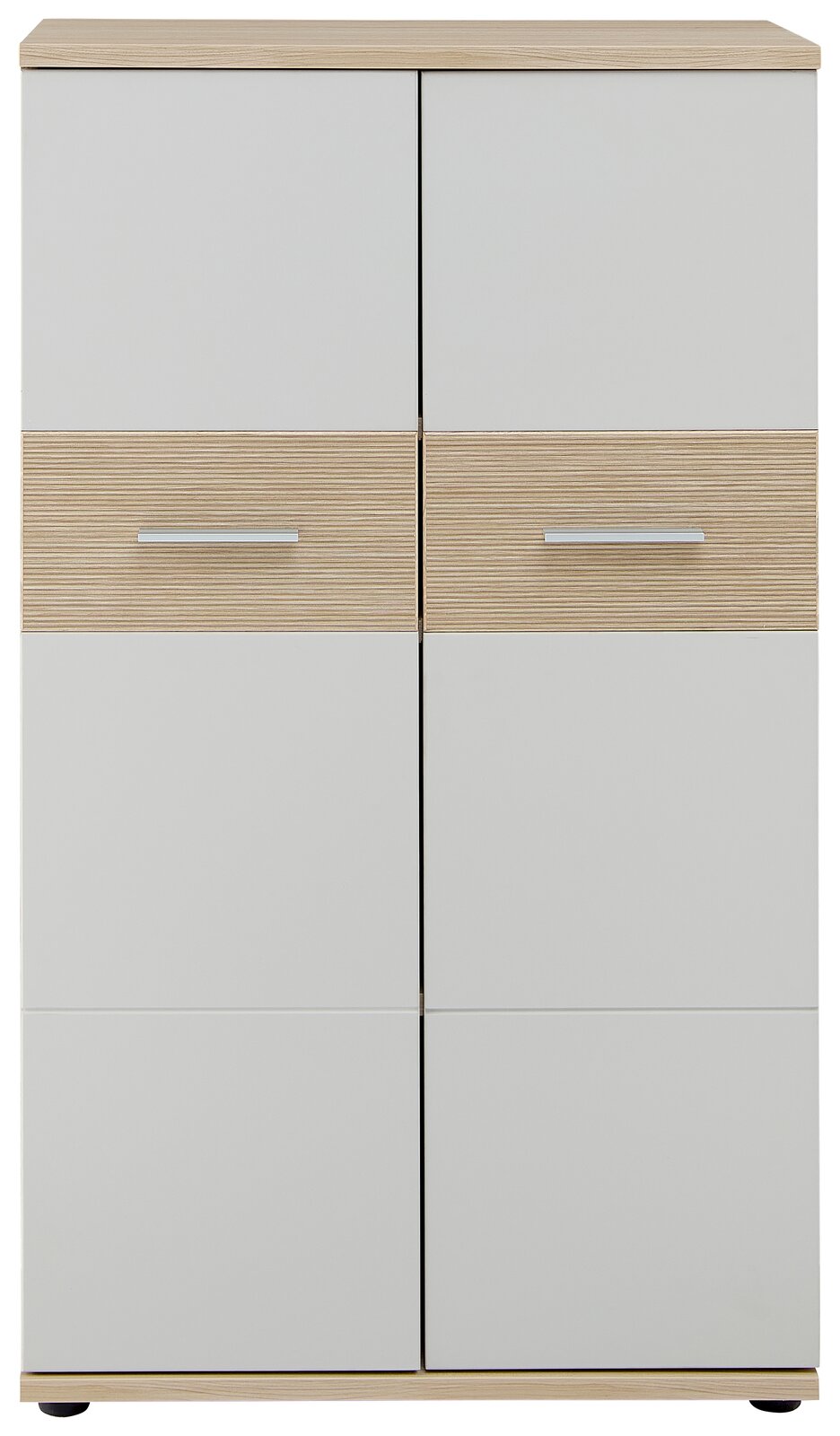 Vorderansicht eines niedrigen Aktenschranks mit vier Türen, zwei in Holzoptik und zwei in Weiß.