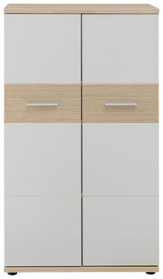 Vorderansicht eines niedrigen Aktenschranks mit vier Türen, zwei in Holzoptik und zwei in Weiß.