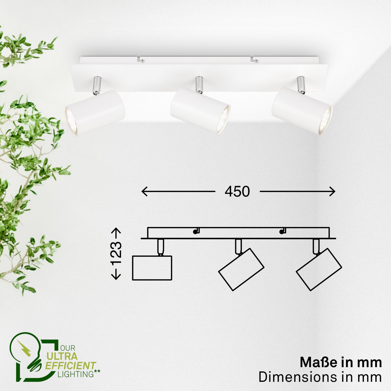 Witte plafondspot met drie verstelbare cilindervormige lampen, schuin van voren weergegeven, met afmetingen van 450 mm breed en 123 mm hoog.