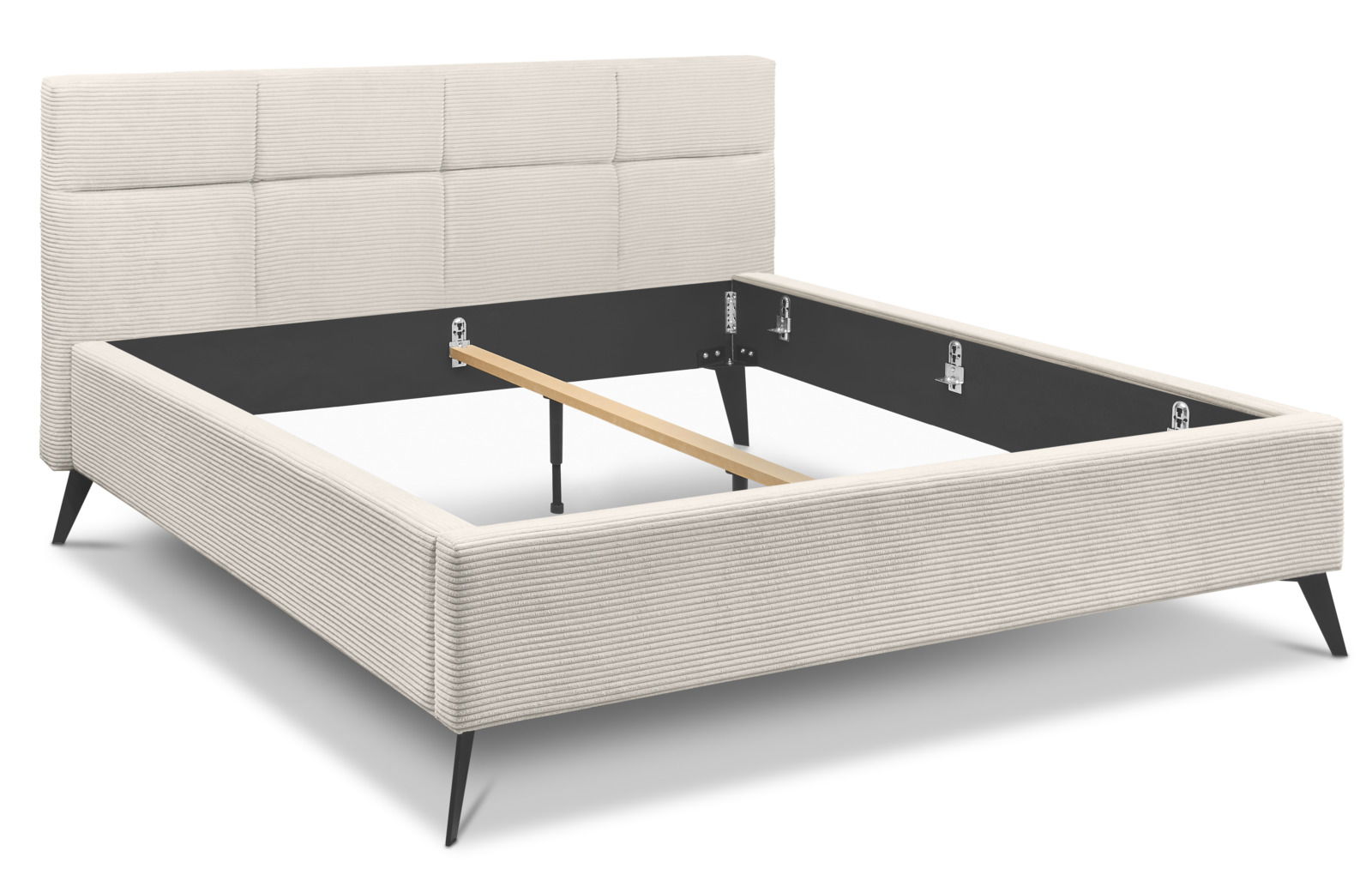 Modernes Polsterbett mit gestepptem Kopfteil und schrägen Beinen, seitliche Perspektive